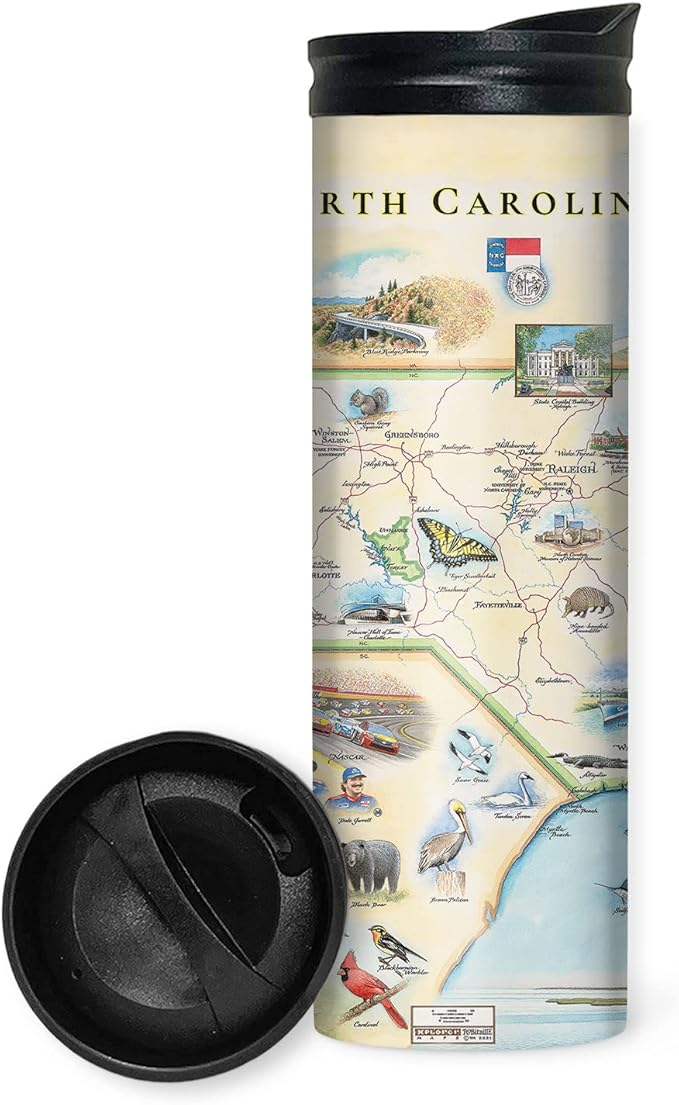 Xplorer Maps North Carolina Map 16 Oz Travel Drinkware with Spill-Resistant Lid - Stainless Steel Vacuum Insulated Coffee Tumbler