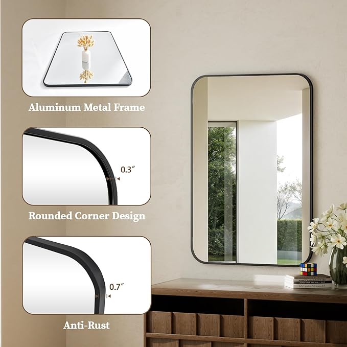 BEAUTYPEAK 30" x 48" Black Metal Frame Rectangle Vanity Mirror - Image 3