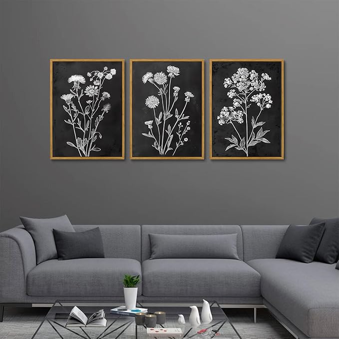 KISSFOX Framed Floral Botanical Canvas Wall Art Vintage Black Background Plant - Image 5