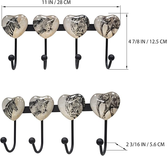 Coat Rack Wall Mounted with 4 Hook, Heart Glass Finishes Animal Pattern - Image 2
