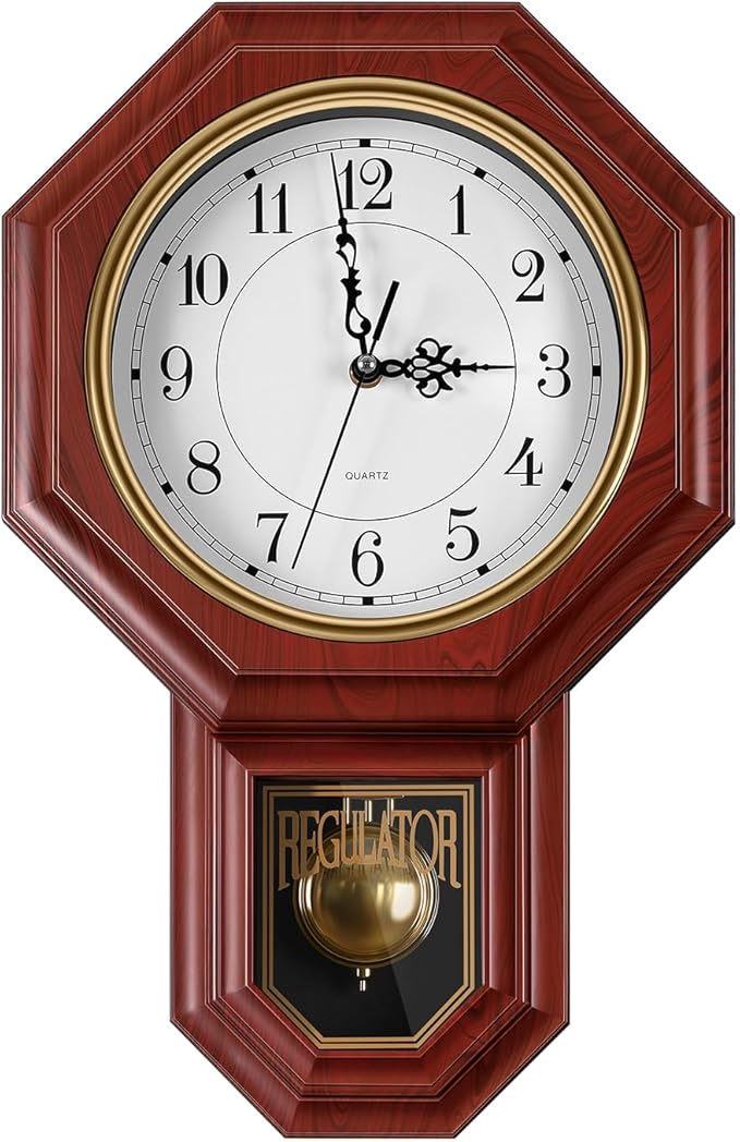 Regulator Wall Clock with Pendulum, Imitation Red Wood Plastic Wall Clock by Unknown