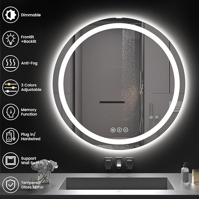 Round LED Bathroom Mirror with Lights, Backlit & Front Lighted, Wall-Mounted - Image 8
