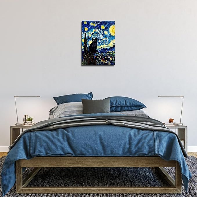ALMLZL Framed Van Gogh The Starry Night Cat Canvas Wall Art Cute Funny Black - Image 6