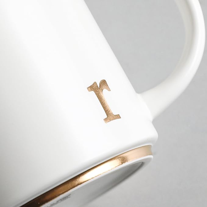COLLECTIVE HOME - Monogram Ceramic Mugs, 15 oz Golden Initial Coffee Cups, Elegant Alphabet Tea Mugs, Elegant Personalized Mug with Gift Box, Luxurious Cups for Office and Home (r)