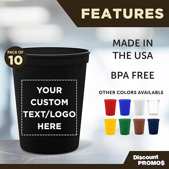 DISCOUNT PROMOS Custom Plastic Stadium Cups 16 oz. Set of 10, Personalized Bulk Pack - Perfect for Birthdays, Weddings, Picnic, Beach, Parties - Black