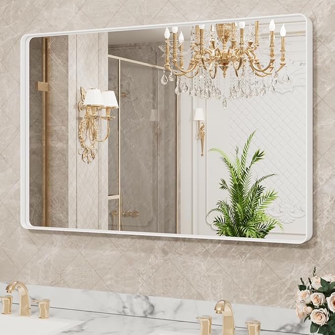 LOAAO 48x36 Inch White Metal Framed Bathroom Mirror - Image 4