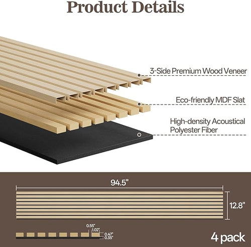 4 Pack Wood Panels for Wall, 94.4" x 12.8" Acoustic Wood Slat Wall Panel for - Image 2