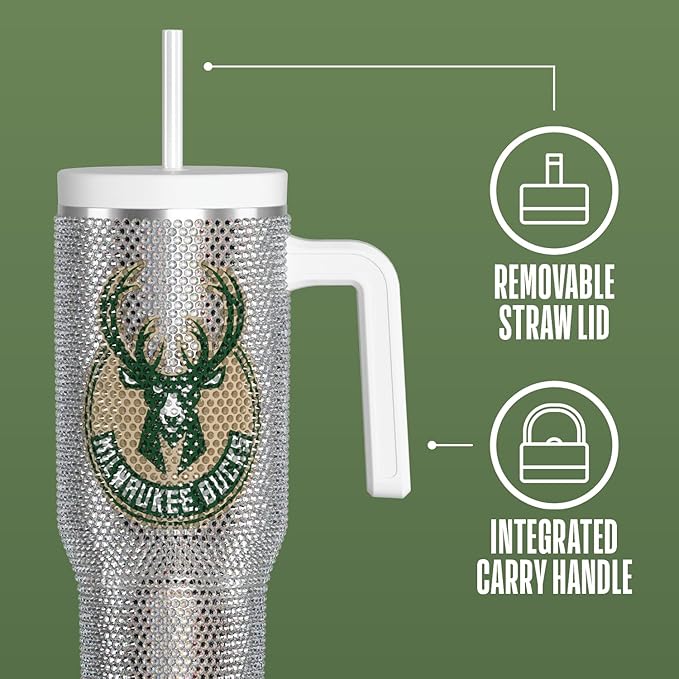 Hydrapeak x NBA Officially Licensed Milwaukee Bucks Voyager 40 oz Stainless Steel Bling Tumbler with Handle, Insulated Rhinestone Water Bottle With Straw & Lid, Includes Gift Box