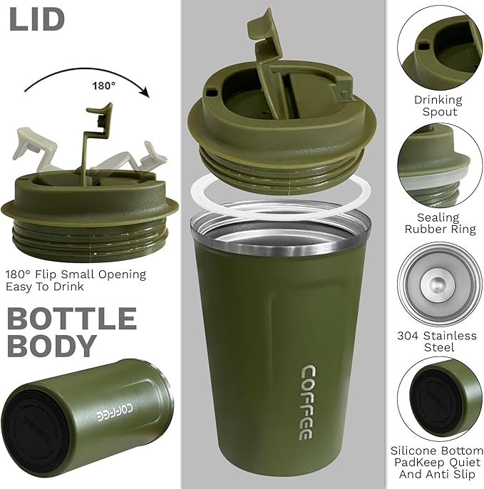 YINBAOGE Insulated Travel Coffee Mug, Spill & Leak Proof, Portable To Go Camping Stainless Steel Coffee Tumbler, Reusable Thermal Coffee Cup with Lid for Hot & Cold Drinks (2nd-Green, 17 OZ)