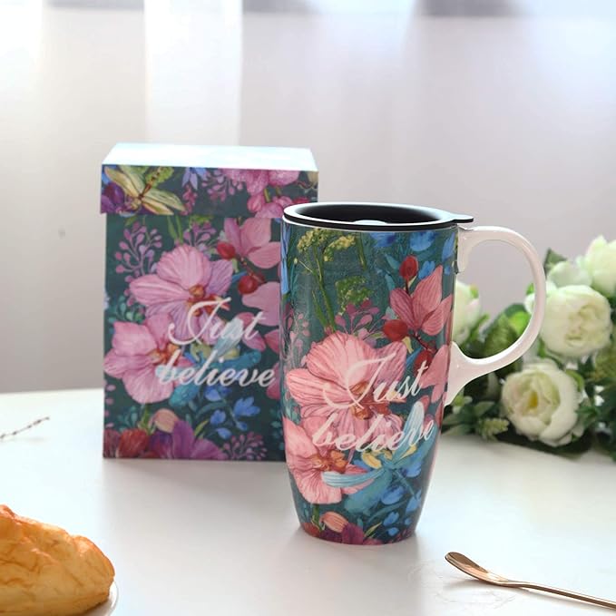 Topadorn Ceramic Coffee Cup 17 Oz Tall Ceramic Mug with Lid and Color Box, Perfect for Coffee and Tea, Just Believe