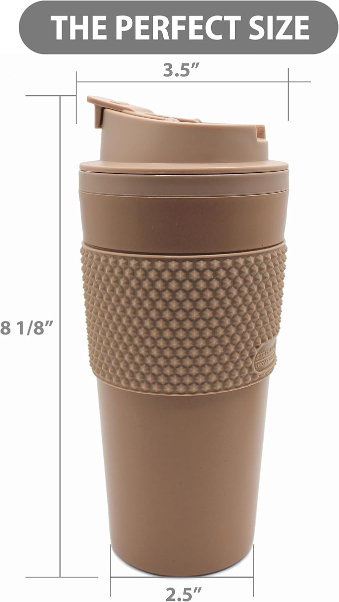 16 oz Coffee Tumbler Set, 2 Pack, Made with Real Coffee Grounds, Detachable & Insulated Double Wall, Cup Holder Ready, Dishwasher and Microwave Safe, Leak Proof Lid, BPA Free, Brown