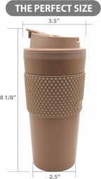 16 oz Coffee Tumbler Set, 2 Pack, Made with Real Coffee Grounds, Detachable & Insulated Double Wall, Cup Holder Ready, Dishwasher and Microwave Safe, Leak Proof Lid, BPA Free, Brown