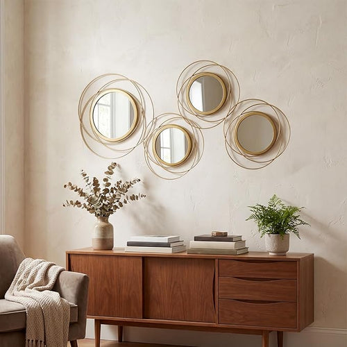 4 Piece Gold Round Wall Mirror Set Modern Metal Circle Home Decor by sxnzequnze