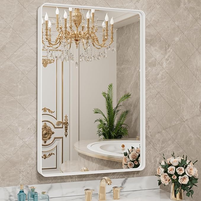 LOAAO 30x36 Inch White Metal Framed Bathroom Mirror by LOAAO