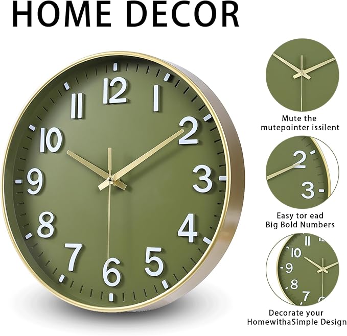 HZDHCLH Wall Clocks Battery Operated, Wall Clock Green Gold, 14 inch Wall Clock - Image 2