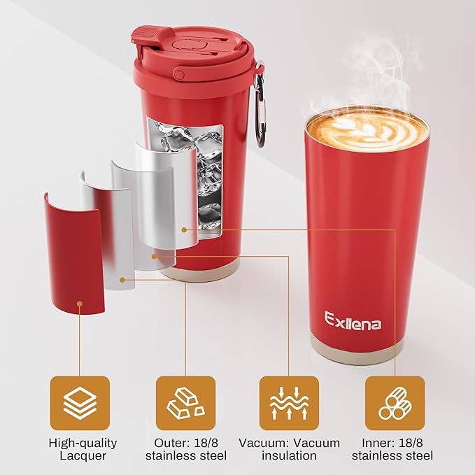 16oz Tumbler with 3 in 1 Lid - Travel Coffee Tumbler - 100% Leakproof and Spill Proof for Hot and Cold Drink - Coffee Mug for Travel, Office, School...(Red)