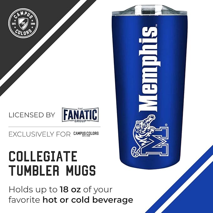 Campus Colors NCAA Stainless Steel Tumbler perfect for Gameday - 18 oz - Double Walled - Keeps Drinks Perfectly Insulated (Memphis Tigers - Royal)