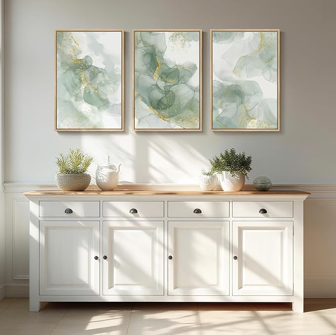 Framed Sage Green Abstract Wall Art, 3 Piece Modern Canvas Prints Paintings - Image 4