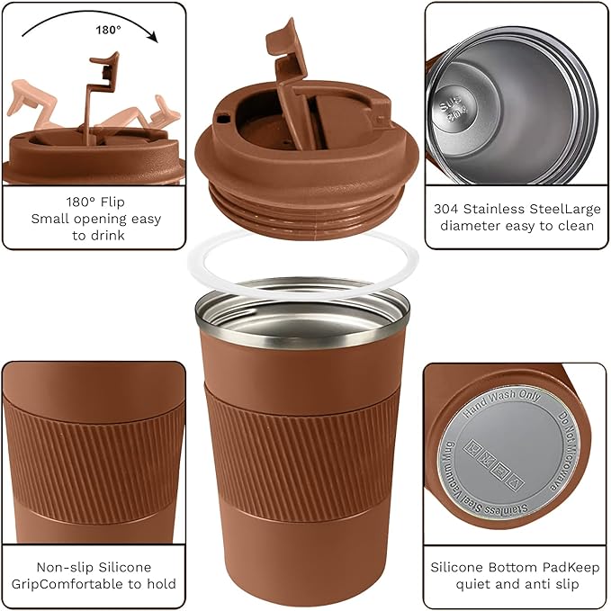 YINBAOGE Insulated Travel Coffee Mug, Spill & Leak Proof, Portable To Go Camping Stainless Steel Coffee Tumbler, Reusable Thermal Coffee Cup with Lid for Hot & Cold Drinks (Brown, 12 OZ)
