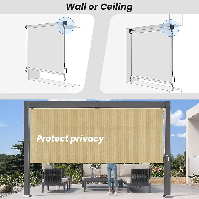 8'W x 6'H Sesame Patio Shades Roll up Outdoor Roller Shade Crank Wand Blind - Image 6