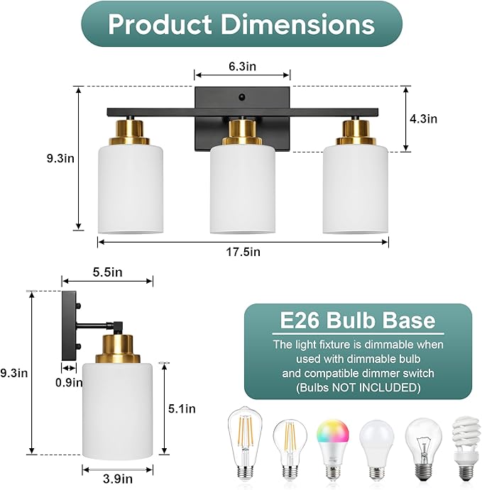 Ascher Bathroom Light Fixtures, 3-Light Vanity Light Over Mirror, Wall Lamp - Image 2
