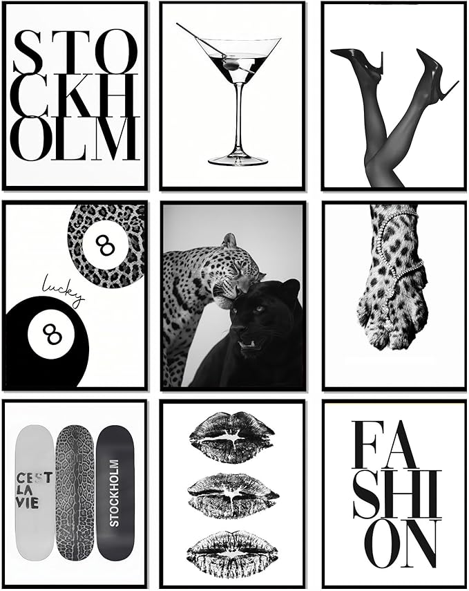 LOARTVE 9Pcs Black and White Fashion Wall Art Prints Trendy Leopard Stockholm by LOARTVEART