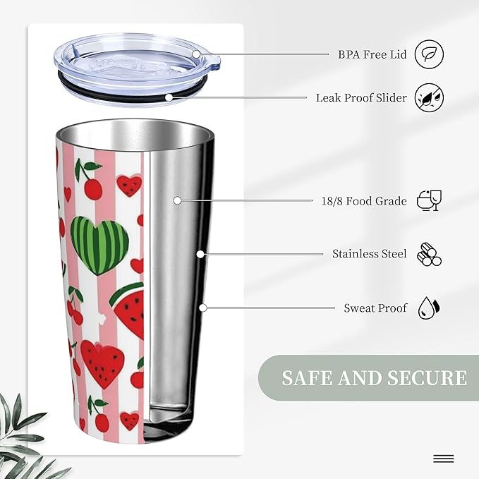 Watermelon Tumbler with Lid and Straw for Women Leakproof Travel Coffee Mug Double Wall Insulated Cups 20OZ Gifts for Office Kitchen Outdoor