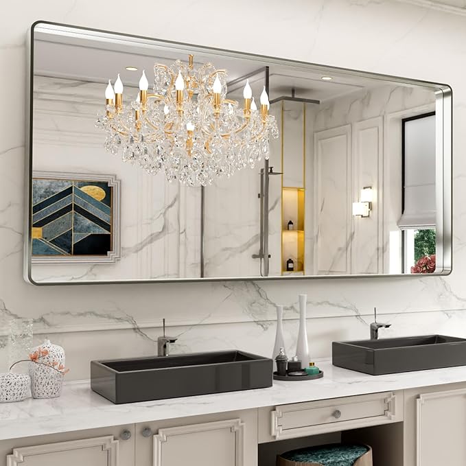 LOAAO 72X32 Inch Brushed Nickel Bathroom Mirror, Rounded Rectangle Silver Metal by LOAAO