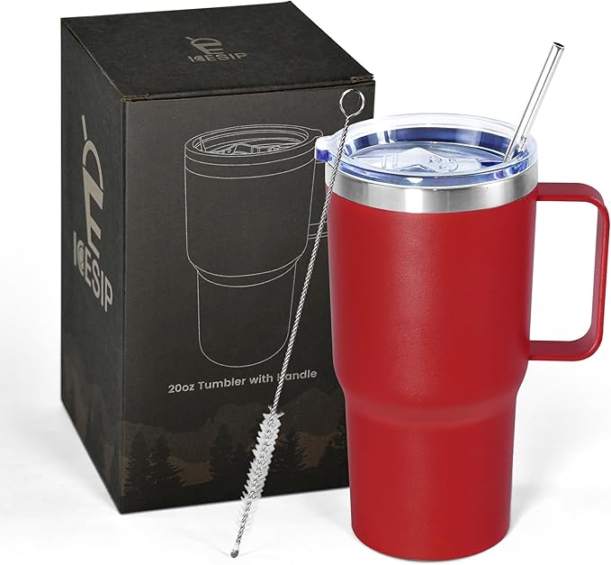 20 oz Tumbler with Handle, insulated cup coffee mug with lid, straw and handle, Double Wall Stainless Steel Vacuum Coffee Tumbler travel mug spill proof, 1pcs Red