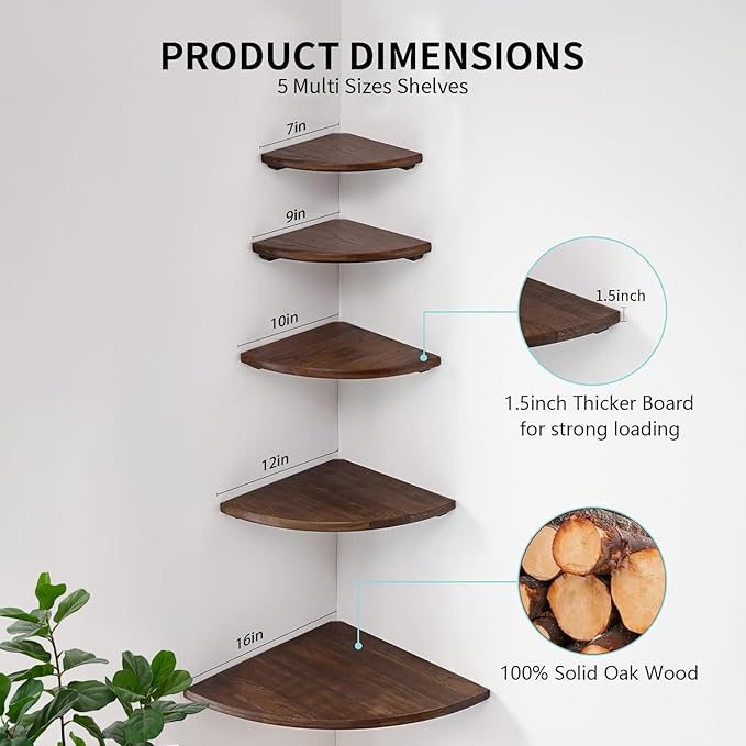Gieanoo Corner Wall Shelf, 12inch Solid Oak Wood Floating Corner Shelf - Image 7