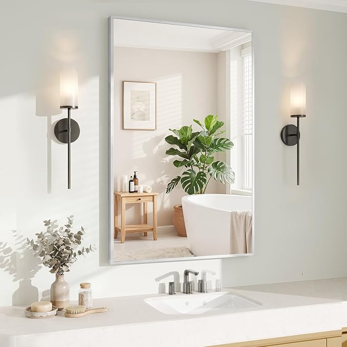 Koonmi Silver Rectangle Wall Mirror, 20x30 Inch Bathroom Mirror, Aluminum Frame by KOONMI