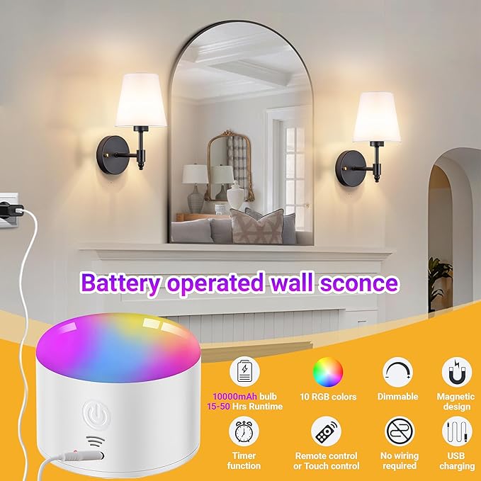 YHCDLAMP Battery Operated Wall Sconces Set of Two, Rechargeable Wireless Wall - Image 2