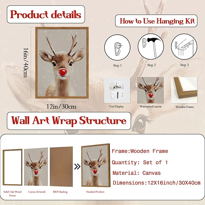 Framed Christmas Wall Art, Vintage Red Nose Reindeer Canvas Wall Decor Paintings - Image 5