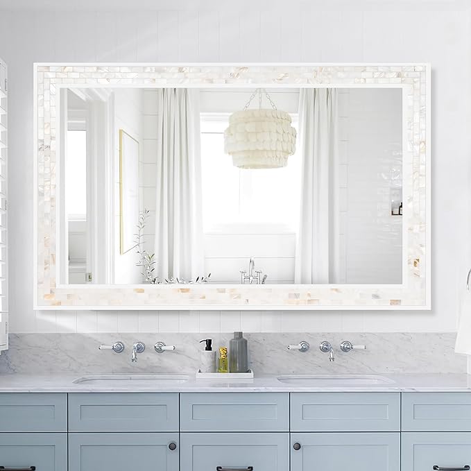 Tanmicoshomy 30 x 48 Inch White Bathroom Mirror, Natural Shell Framed - Image 6