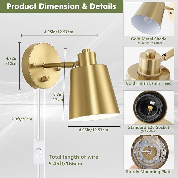 Lomoky Dimmable Wall Sconces Plug in, Adjustable Angle Wall Lamps - Image 2