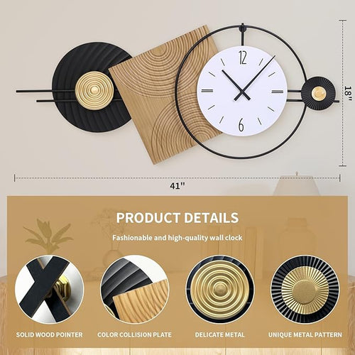 37.7X21Inch Large Modern Wall Clock Geometric Dial-Solid Wood Metal Frame - Image 2