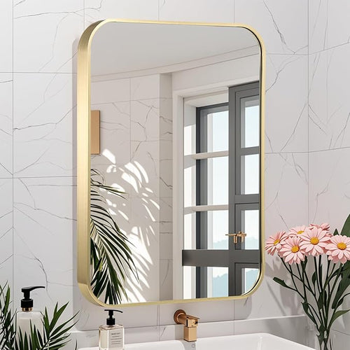 24x36 Inch Gold Bathroom Mirror, Brushed Gold Metal Framed Rectangular Mirror - Image 2