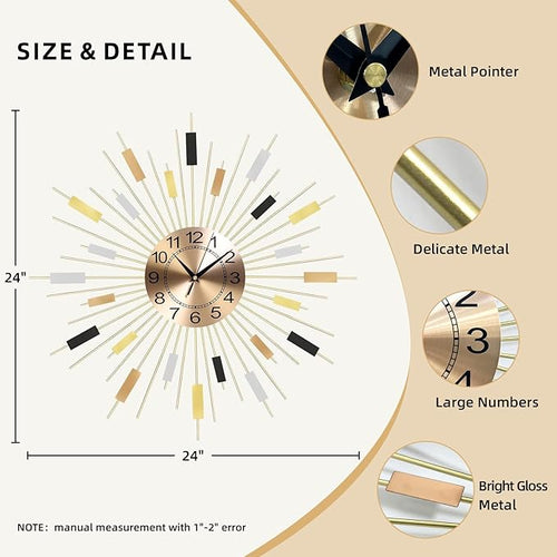 23.6 inch Gold Starburst Wall Clock, Non-Ticking Large Modern Sunburst - Image 2