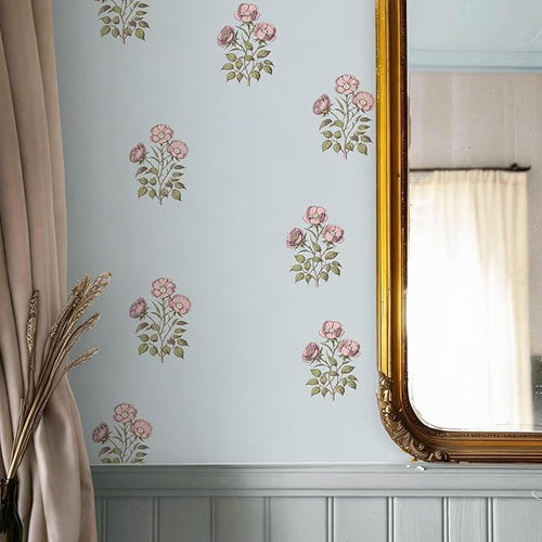 17.3" x 393.7" Vintage Blue Floral Wallpaper Peel and Stick Boho Wallpaper by LUKUUI