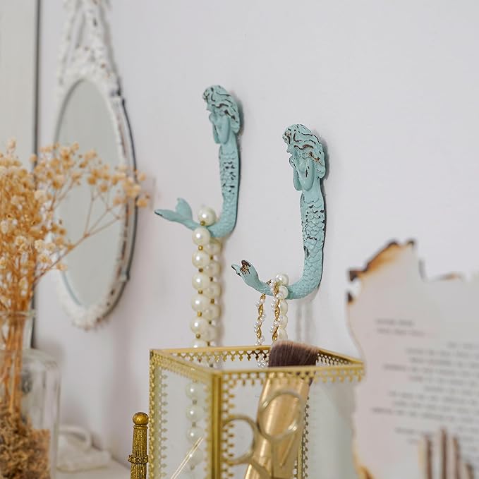 SOFFEE DESIGN 4pcs Mermaid Shape Metal Wall Coat Hooks, Beach Decoration Wall - Image 4