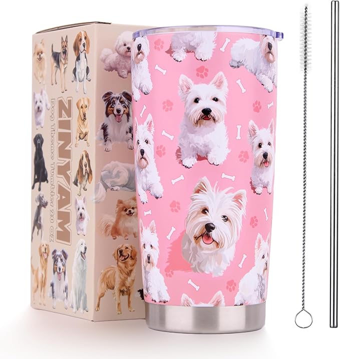 Westie Dog Gifts Tumbler 20oz - Stainless Steel Insulated Cup with Lid & Straw, Dog Lover Gift for Women Men