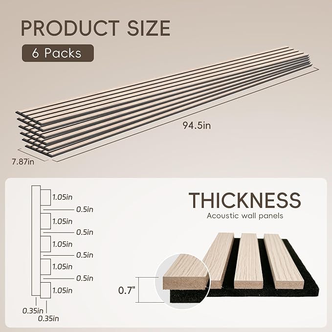 EVERECO 6 Pack Wood Slat Acoustic Wall Panels 92.5" × 7.87", 3D Sound Absorbing - Image 2