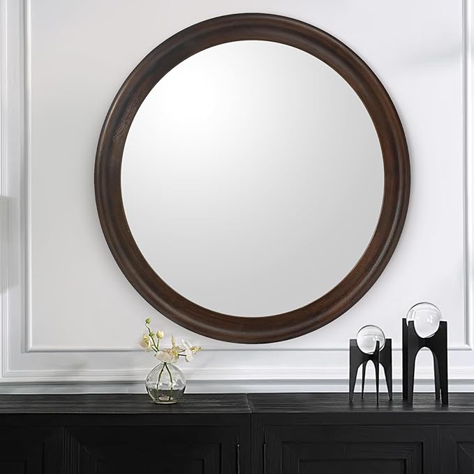 CULER Round Wall Mirrors 24 Inch, Wood Rustic Decorative Transitional Mirror - Image 6