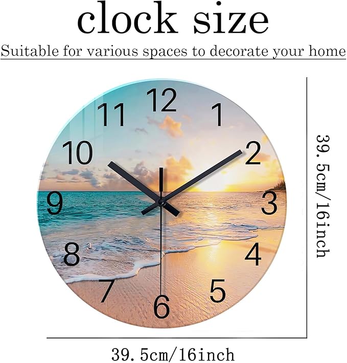 Beach Wall Clock Silent Analog Glass Wall Clocks Battery Operated 16 Inches or - Image 5