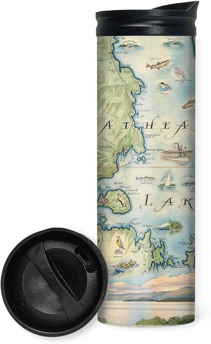 Xplorer Maps Montana's Flathead Lake Map 16 Oz Travel Drinkware with Spill-Resistant Lid - Stainless Steel Vacuum Insulated Coffee Tumbler