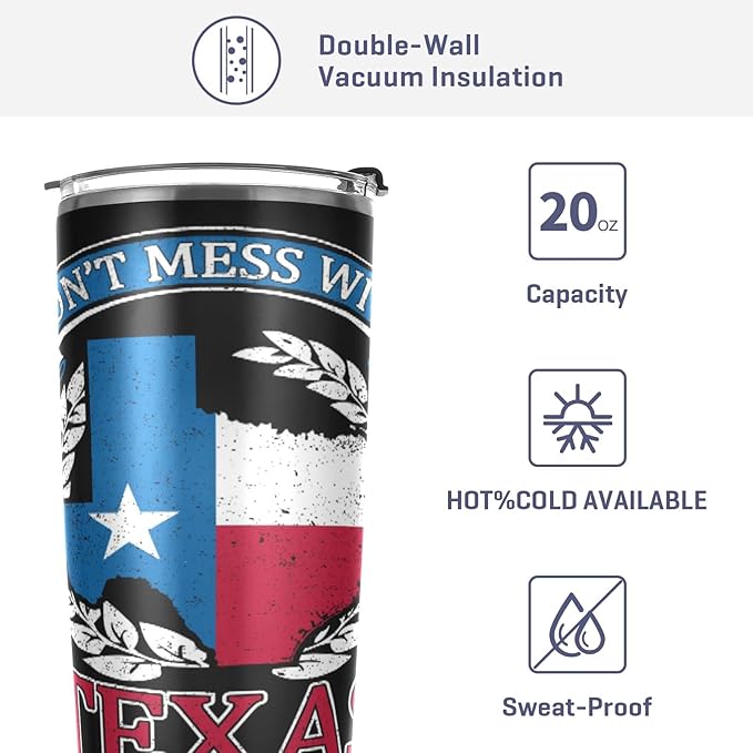 Tumbler Stainless Steel Vacuum Insulated Cup Double Walled, Simple Thermos Don't Mess with Texas State Travel Mug for Coffee, Beverages, Tea with Straw and Lid