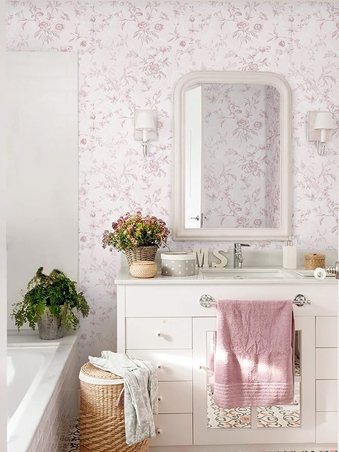 Ismoon Floral Wallpaper Peel and Stick Pink Stick on Wall Paper Vintage French - Image 5