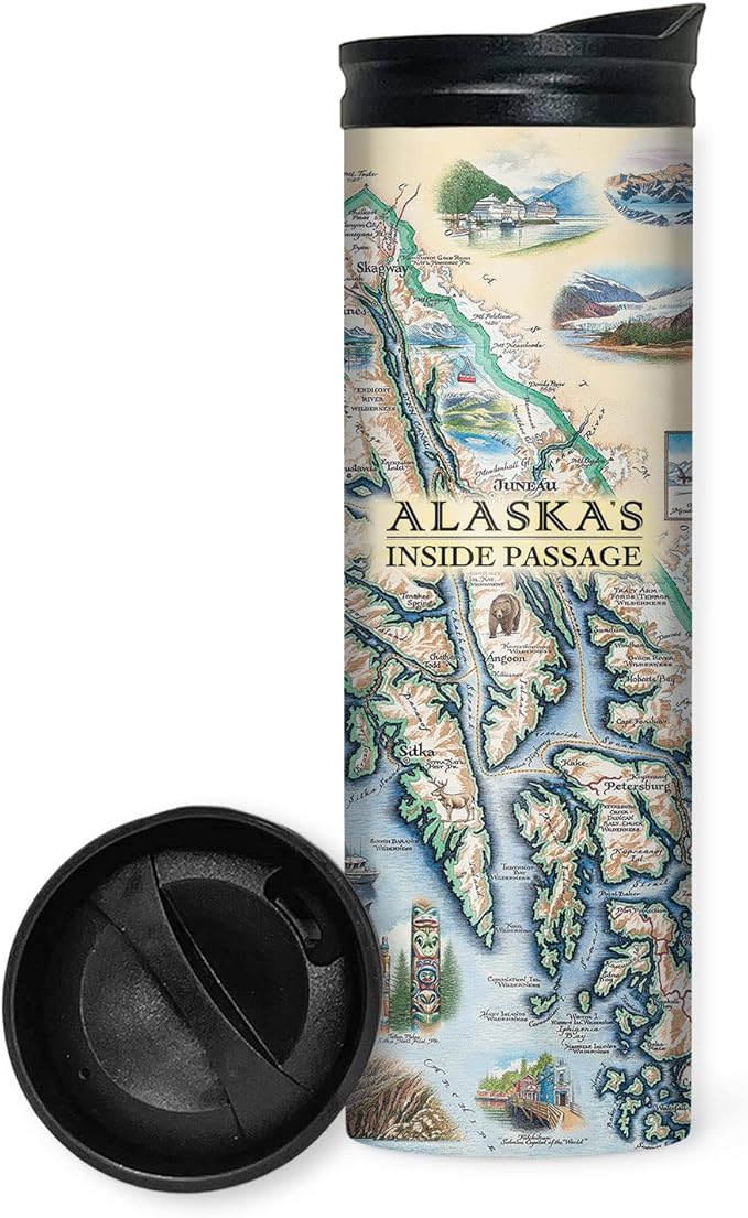 Xplorer Maps Alaska's Inside Passage Map 16 Oz Travel Drinkware with Spill-Resistant Lid - Stainless Steel Vacuum Insulated Coffee Tumbler