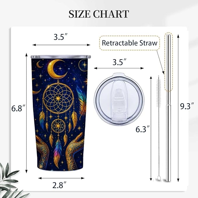20 oz Leak Proof Tumbler | Insulated Travel Mug for Women and Men | Stainless Steel Cup with Lid and Straw | Colorful Coffee Tumbler for Christmas and Birthday Gifts | Indian Dreamcatcher