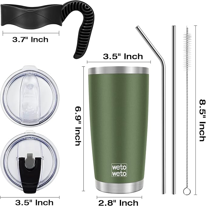 WETOWETO 20oz Insulated Stainless Steel Tumbler, Coffee Tumbler with 2 Lids and 2 Straws, Double Wall Vacuum Travel Coffee Mug, Powder Coated Leak-Proof Cup for Travel (Army Green, 1 Pack)